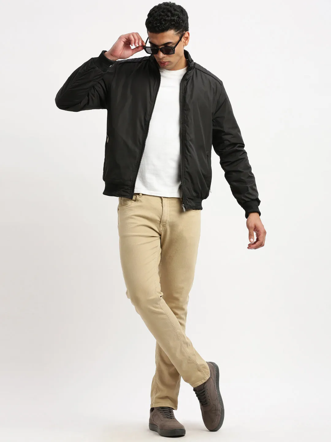 Men Black Mock Collar Solid Bomber Jacket