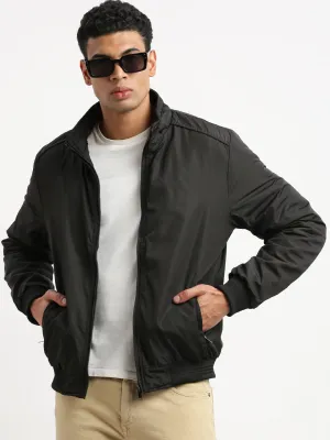 Men Black Mock Collar Solid Bomber Jacket