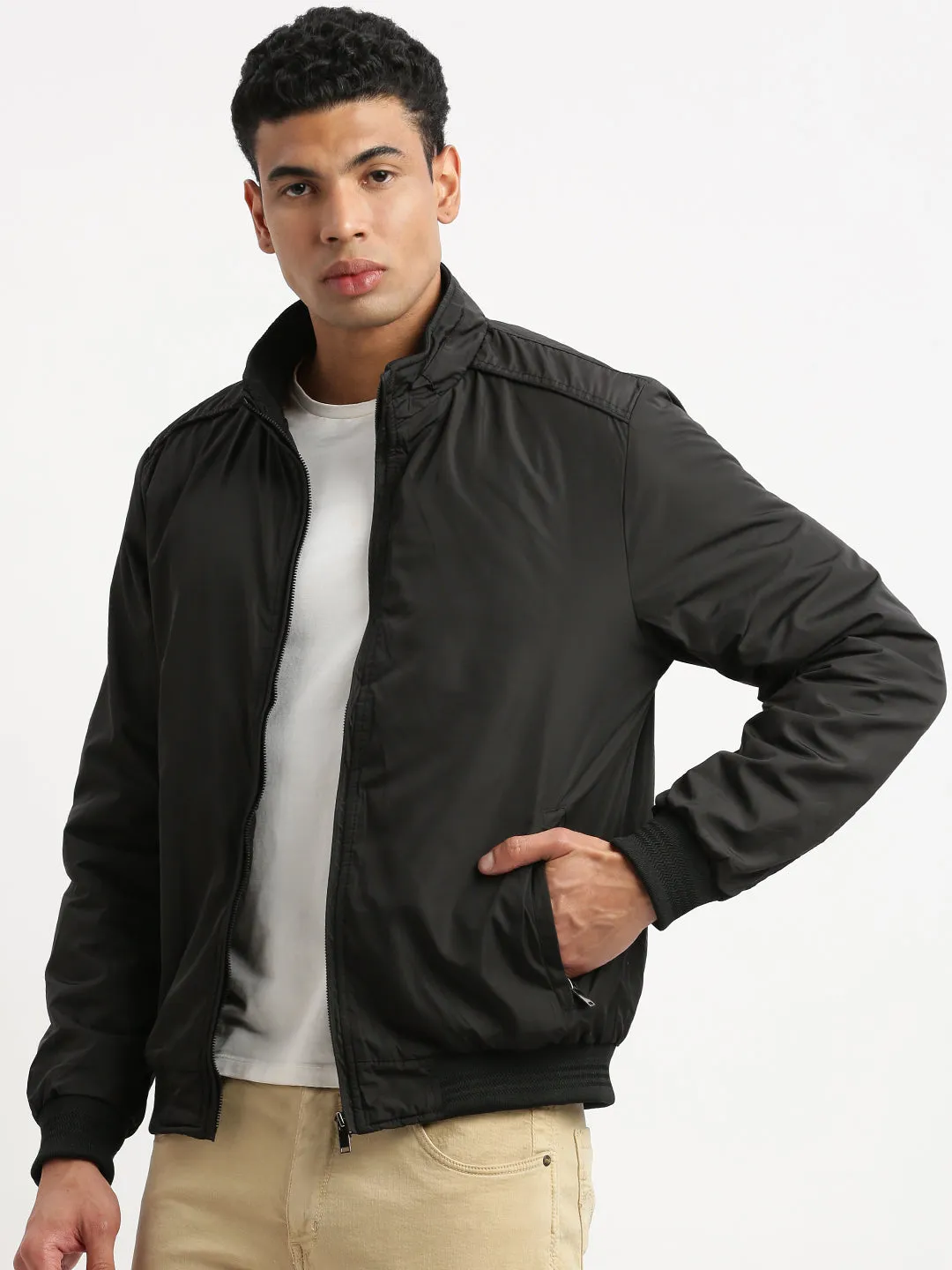 Men Black Mock Collar Solid Bomber Jacket