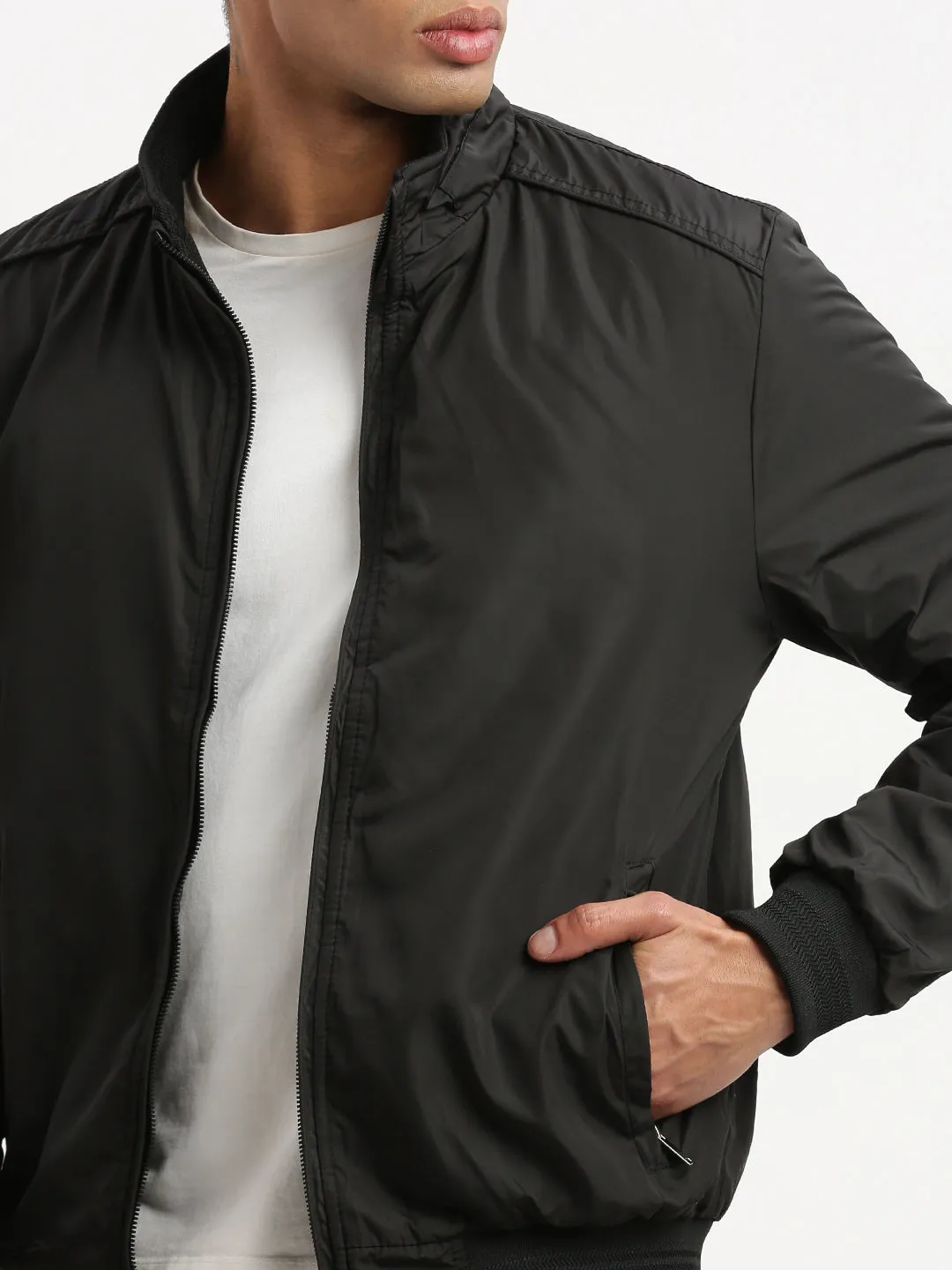 Men Black Mock Collar Solid Bomber Jacket