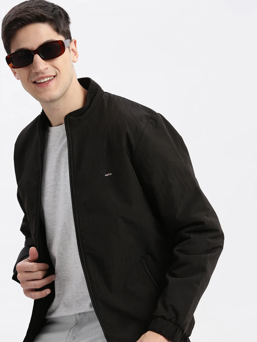 Men Black Rapid-Dry Stand Collar Windcheater Bomber Jacket