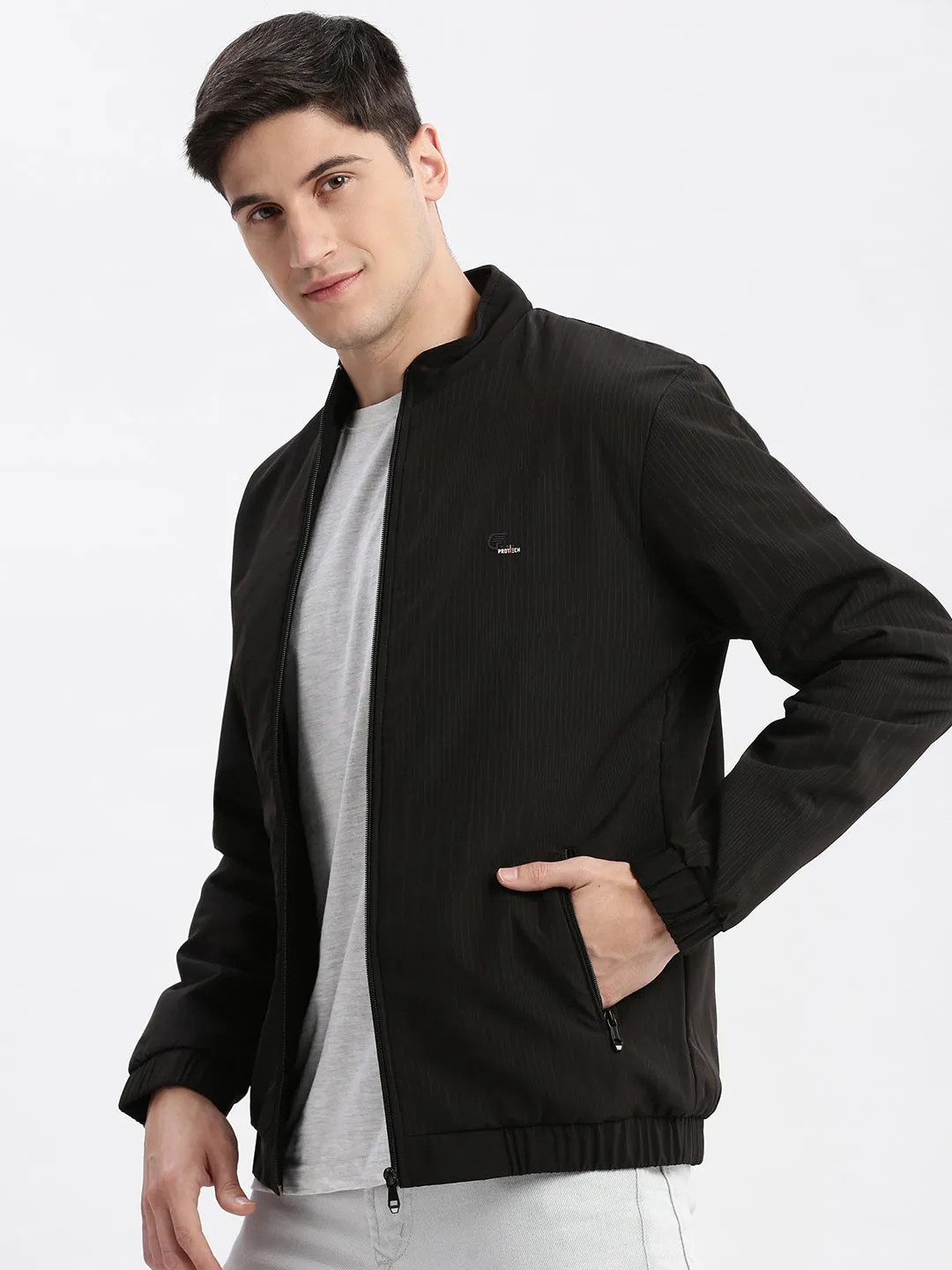 Men Black Rapid-Dry Stand Collar Windcheater Bomber Jacket
