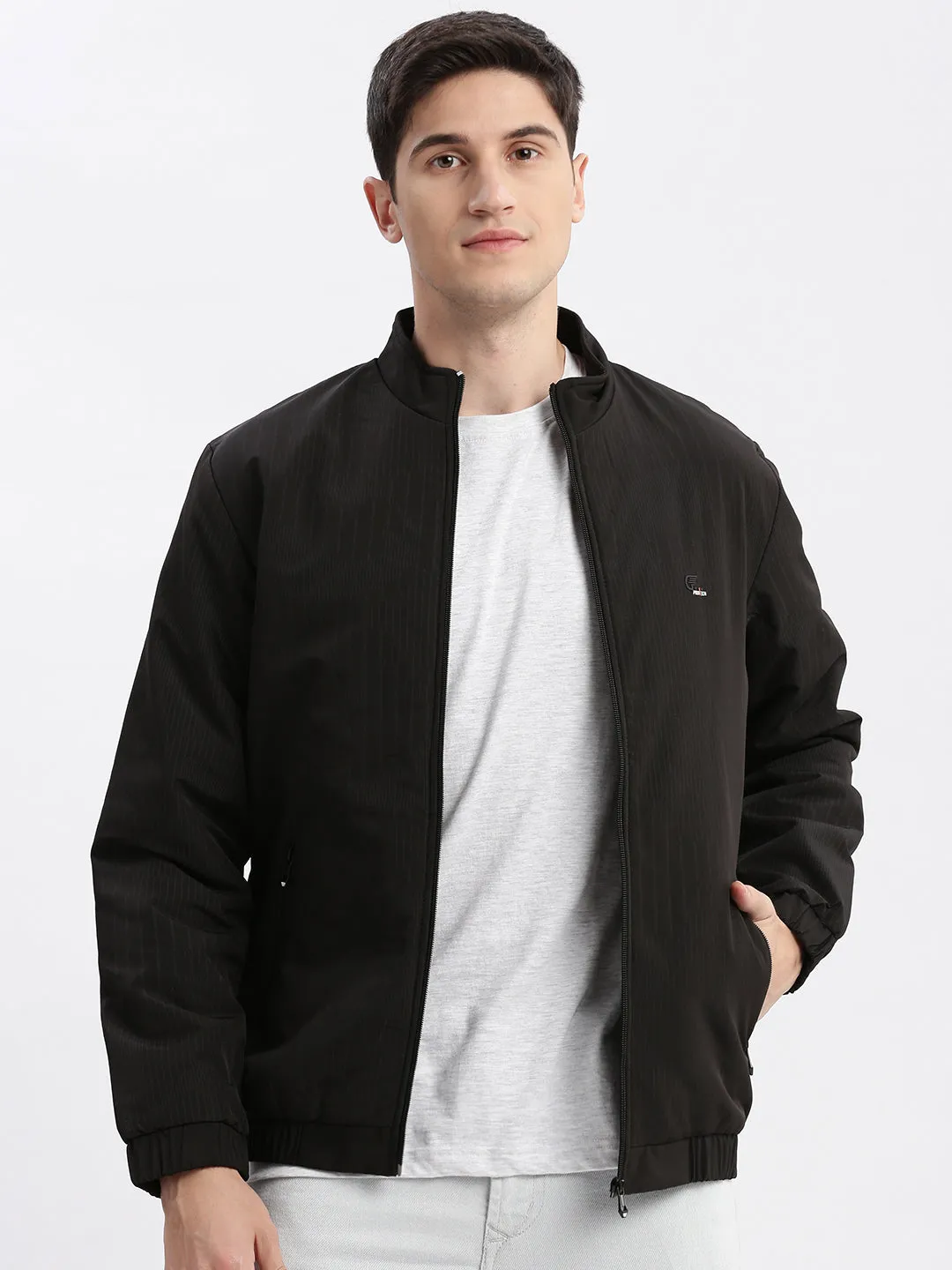 Men Black Rapid-Dry Stand Collar Windcheater Bomber Jacket