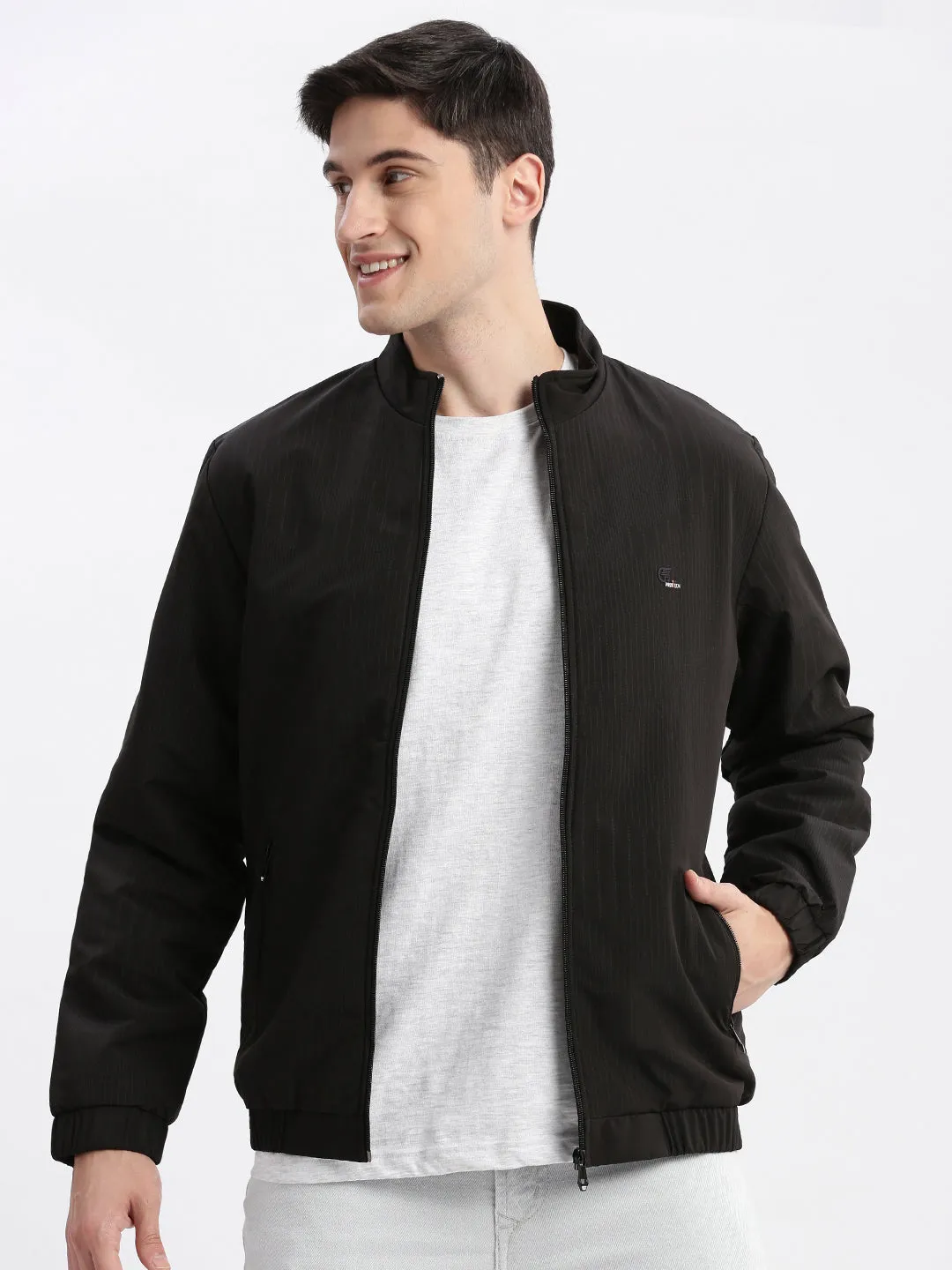 Men Black Rapid-Dry Stand Collar Windcheater Bomber Jacket