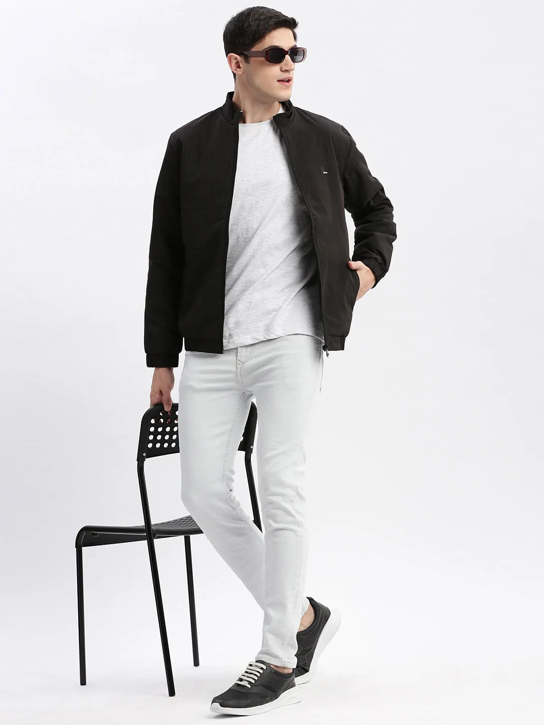 Men Black Rapid-Dry Stand Collar Windcheater Bomber Jacket