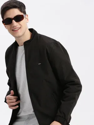 Men Black Rapid-Dry Stand Collar Windcheater Bomber Jacket