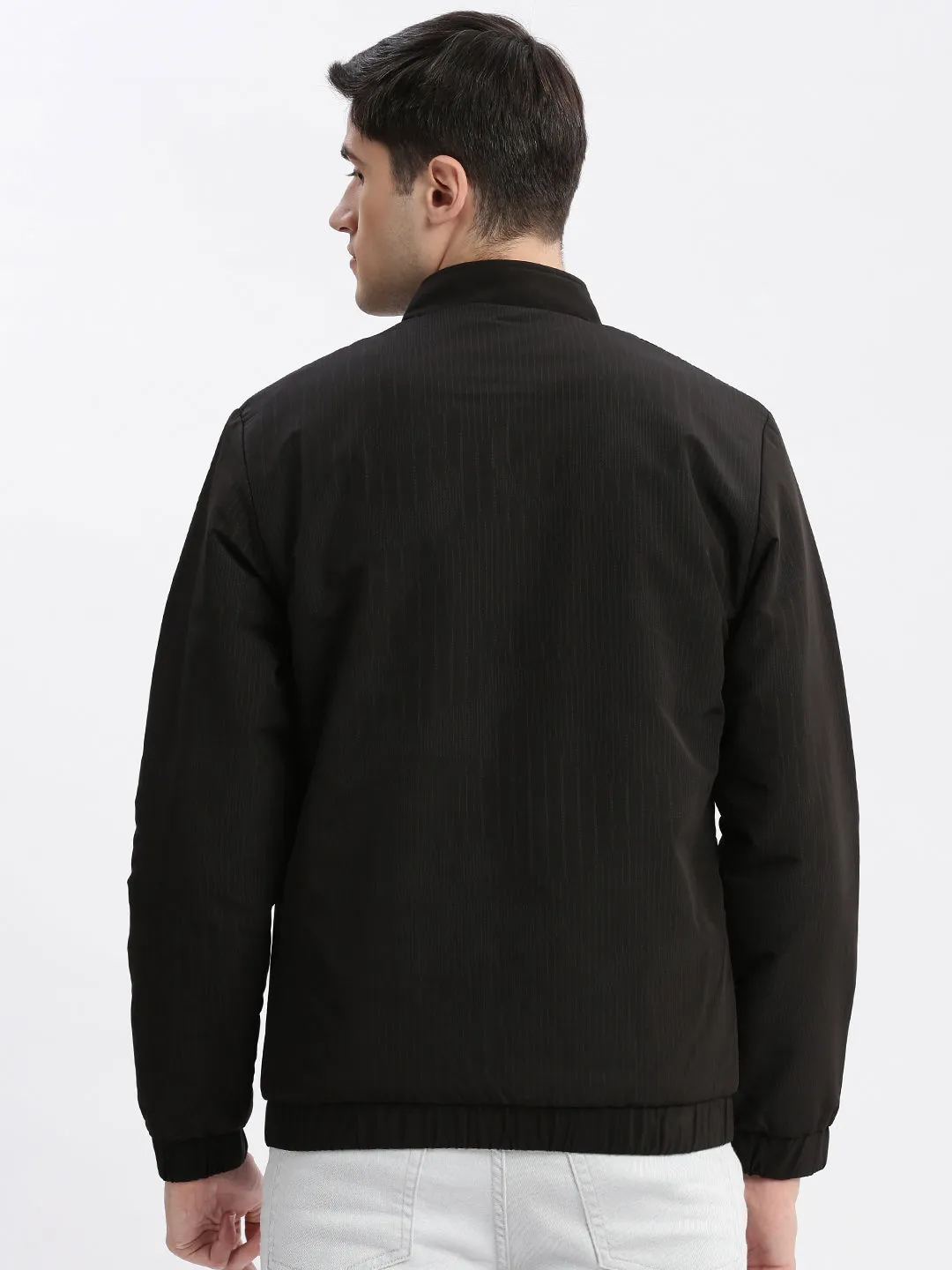 Men Black Rapid-Dry Stand Collar Windcheater Bomber Jacket