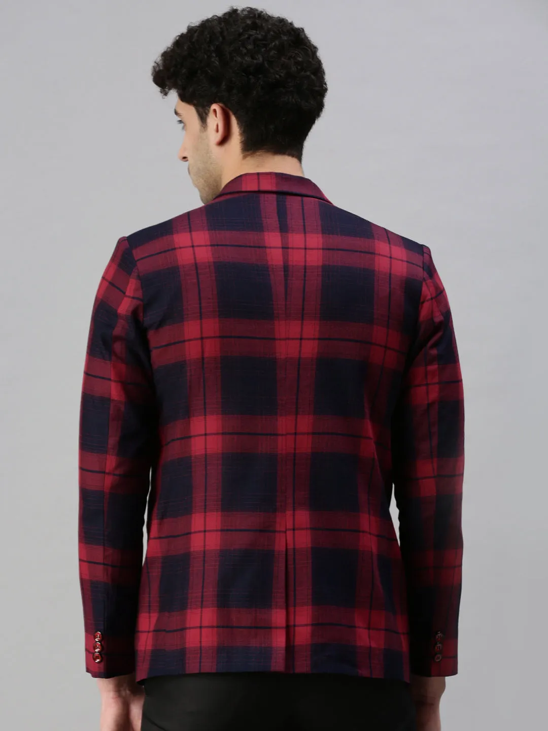 Men Black Solid Checked Single Breasted Blazer