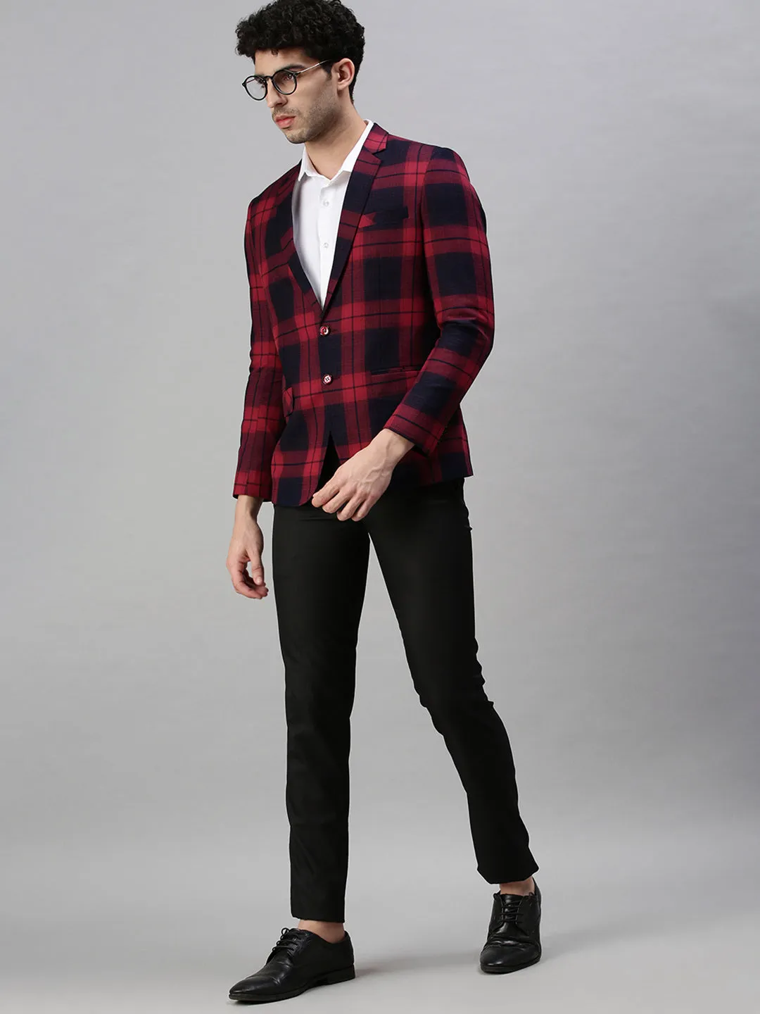 Men Black Solid Checked Single Breasted Blazer