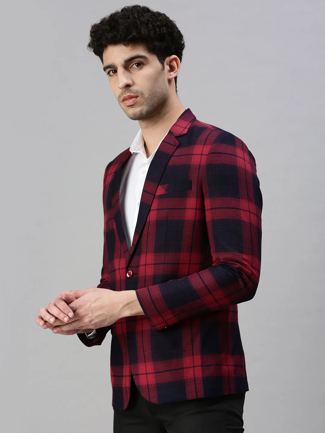 Men Black Solid Checked Single Breasted Blazer