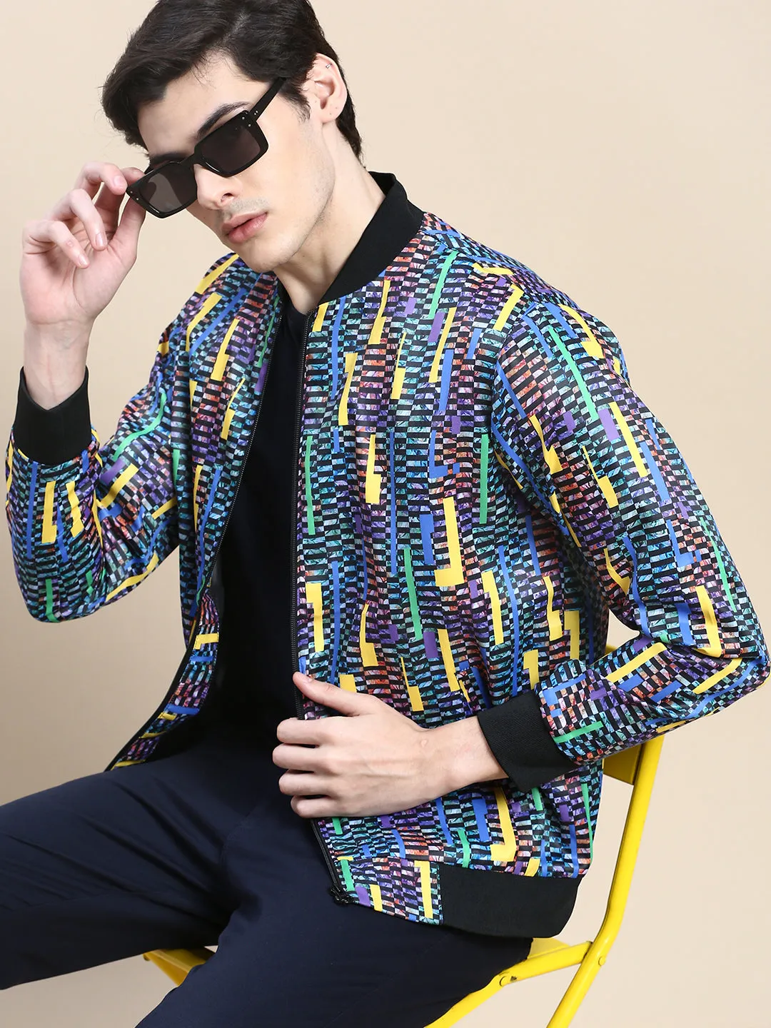 Men Blue Geometric Printed Bomber Jacket