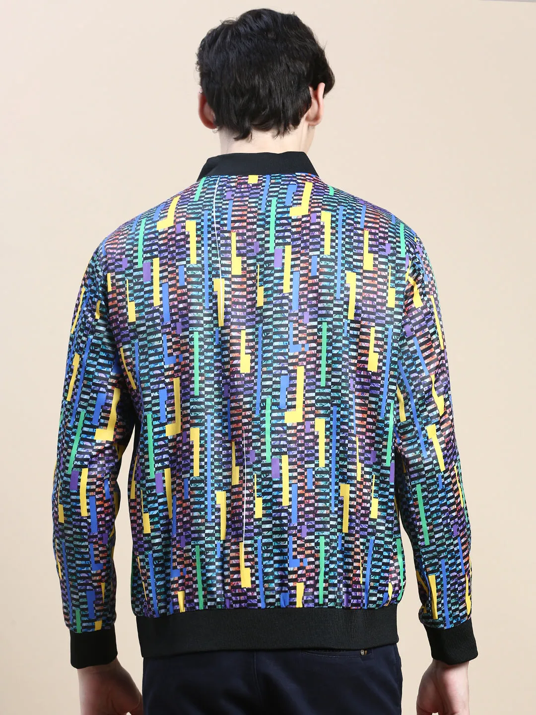Men Blue Geometric Printed Bomber Jacket