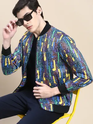 Men Blue Geometric Printed Bomber Jacket