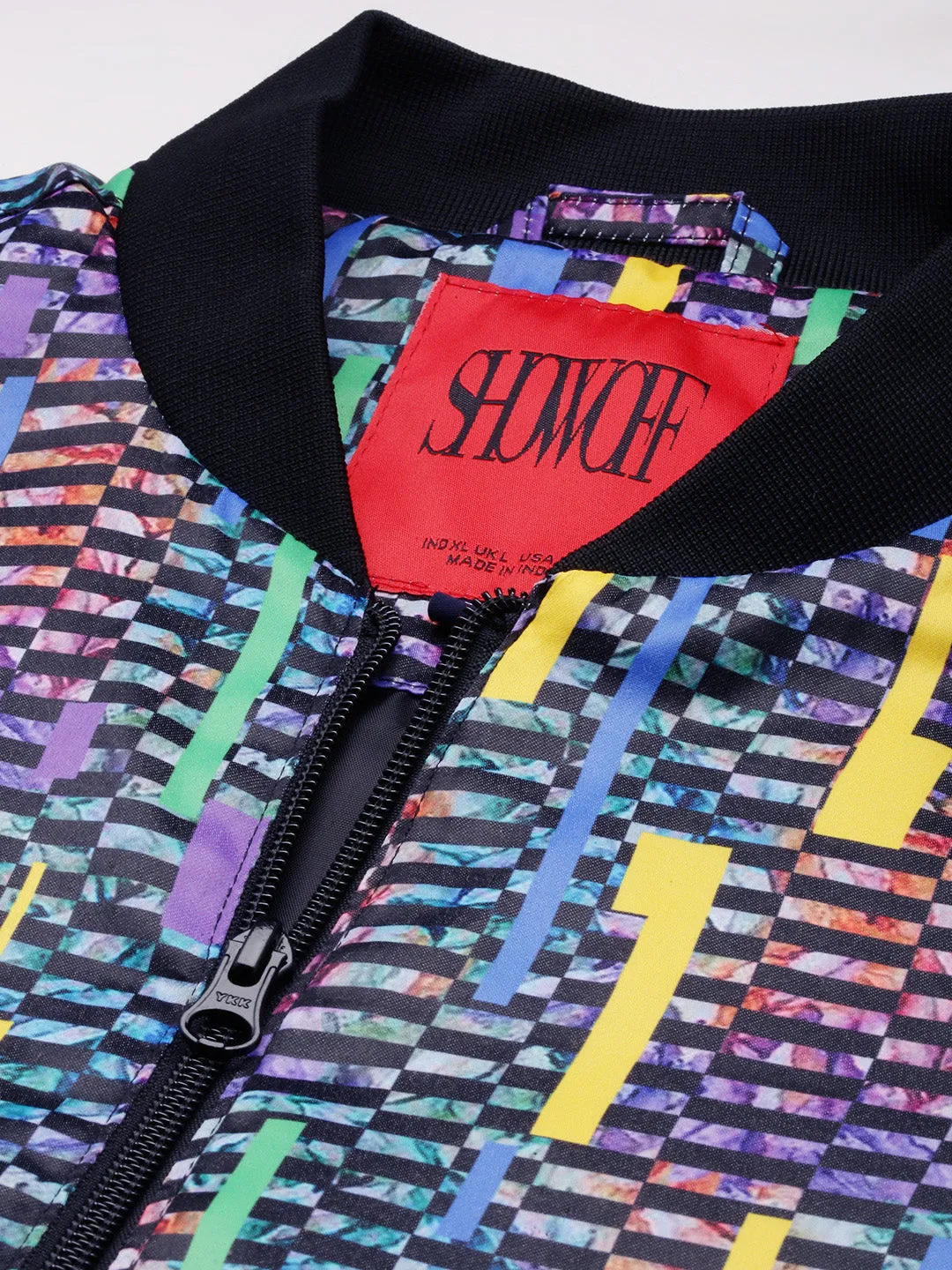 Men Blue Geometric Printed Bomber Jacket
