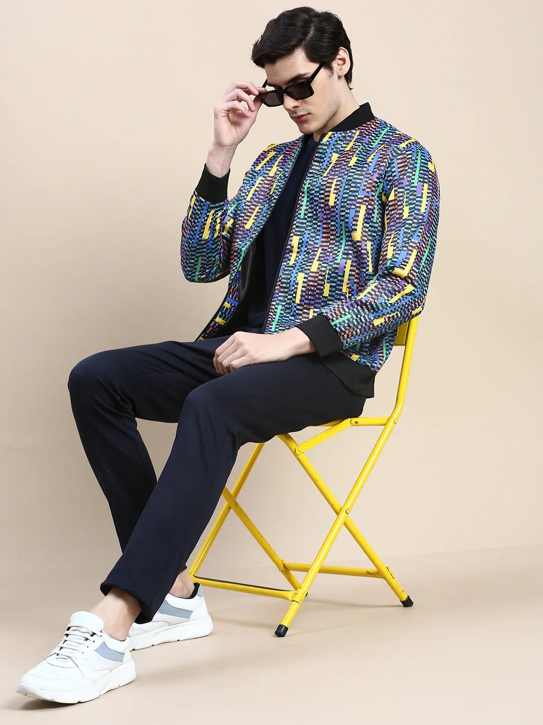 Men Blue Geometric Printed Bomber Jacket