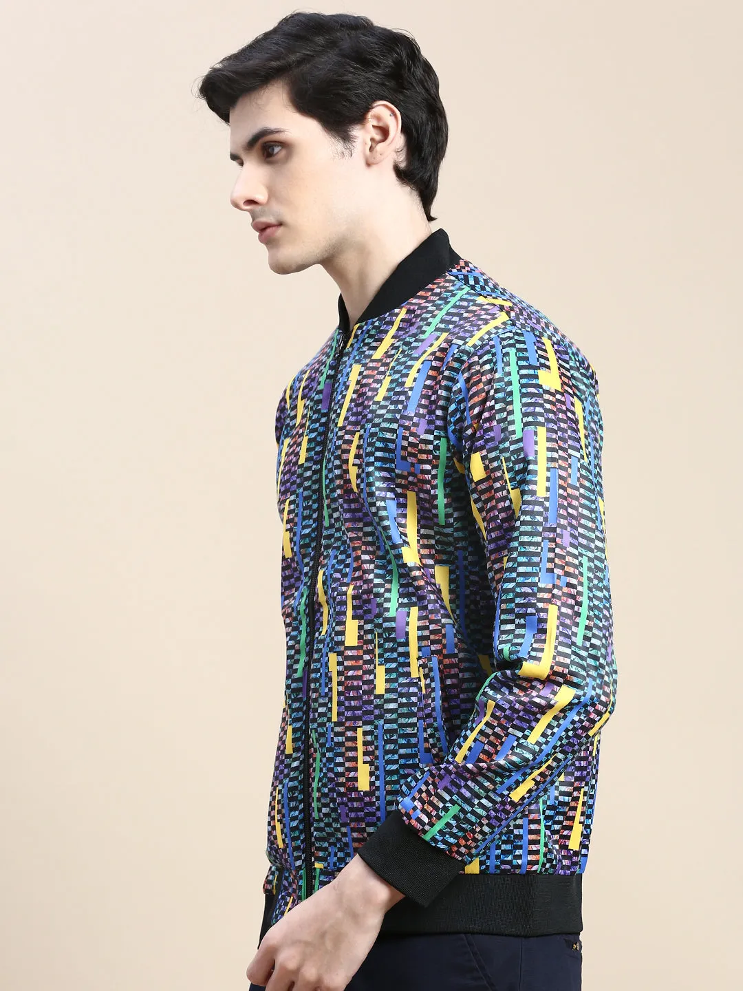 Men Blue Geometric Printed Bomber Jacket