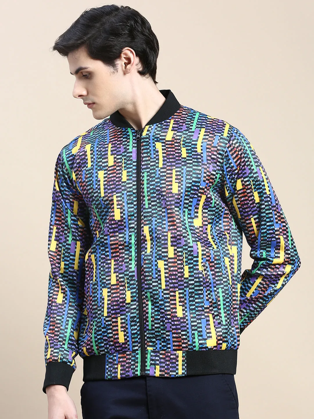 Men Blue Geometric Printed Bomber Jacket
