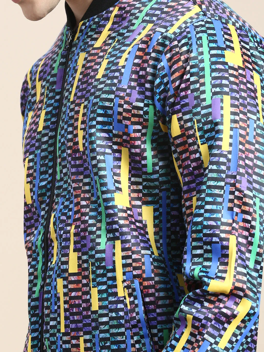 Men Blue Geometric Printed Bomber Jacket