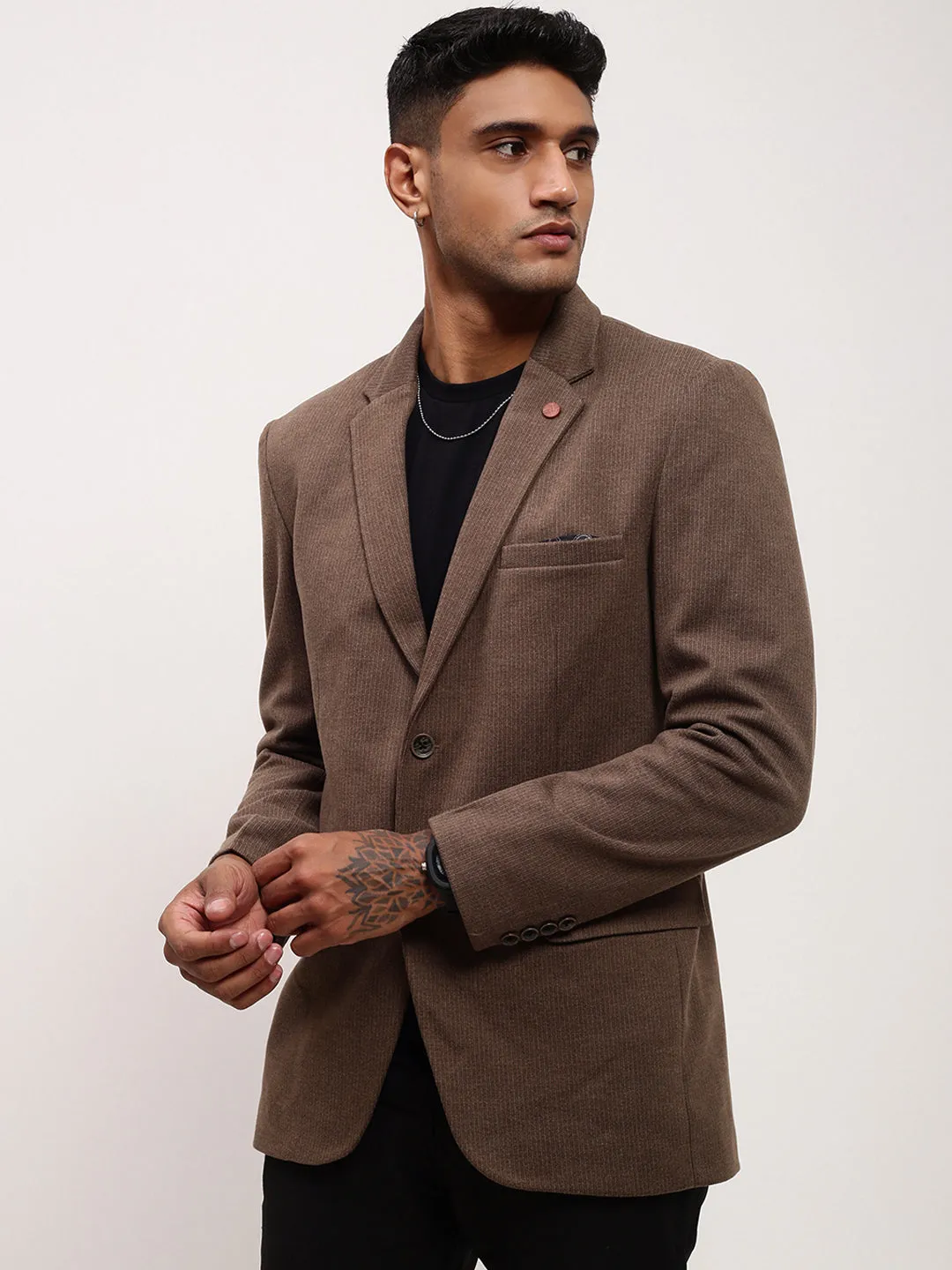 Men Brown Solid Notched Lapel Single Breasted Blazer