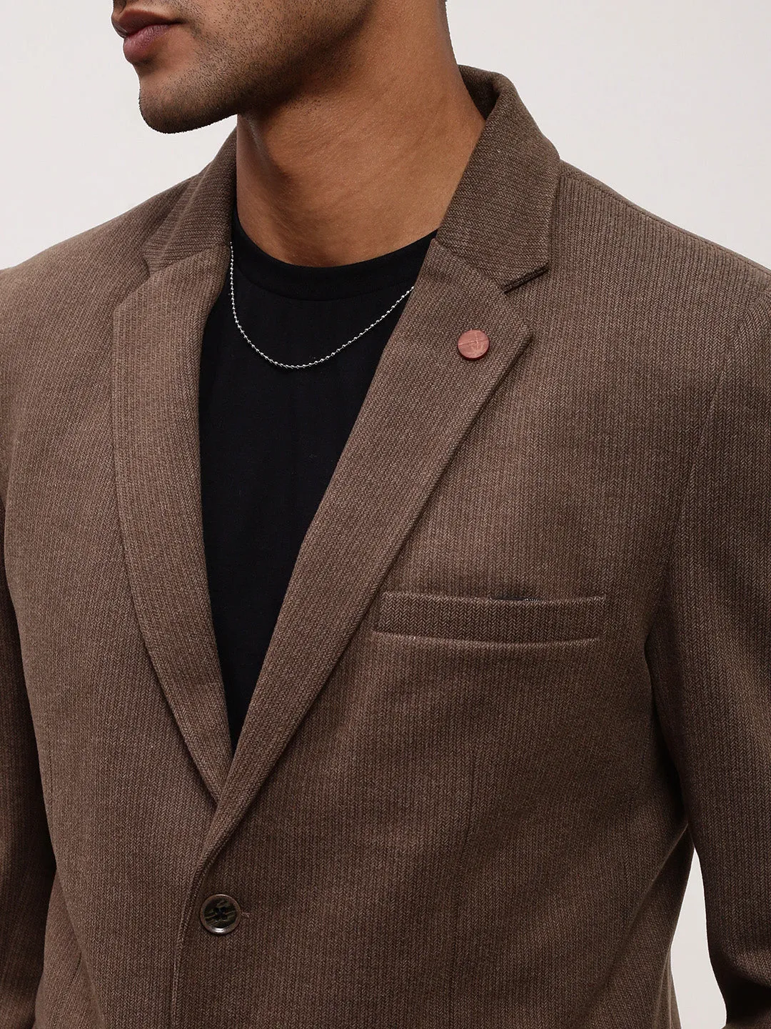 Men Brown Solid Notched Lapel Single Breasted Blazer