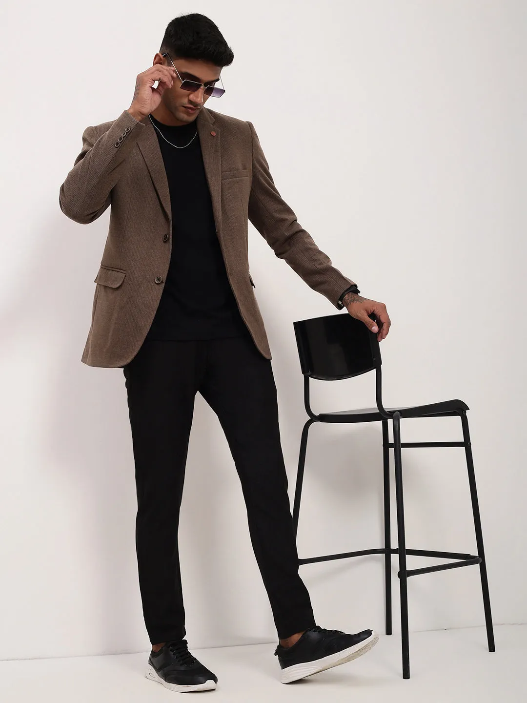 Men Brown Solid Notched Lapel Single Breasted Blazer