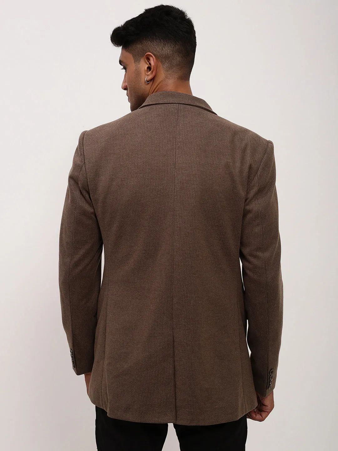 Men Brown Solid Notched Lapel Single Breasted Blazer