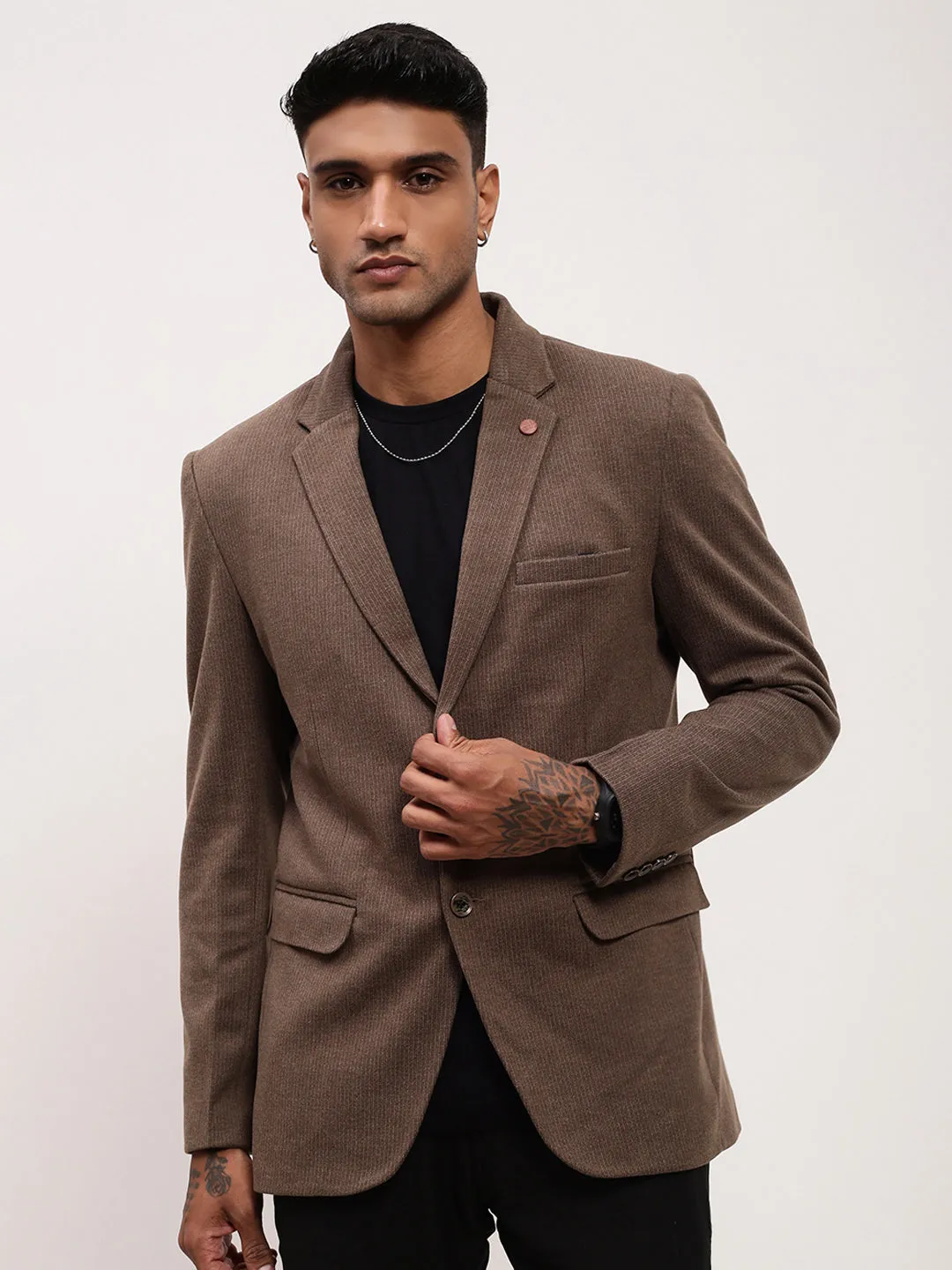 Men Brown Solid Notched Lapel Single Breasted Blazer