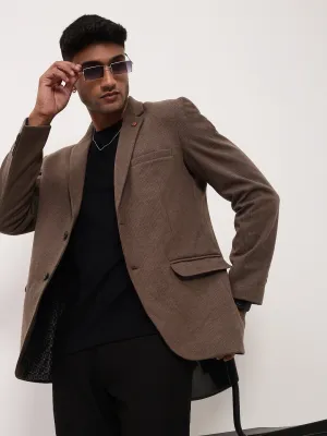 Men Brown Solid Notched Lapel Single Breasted Blazer
