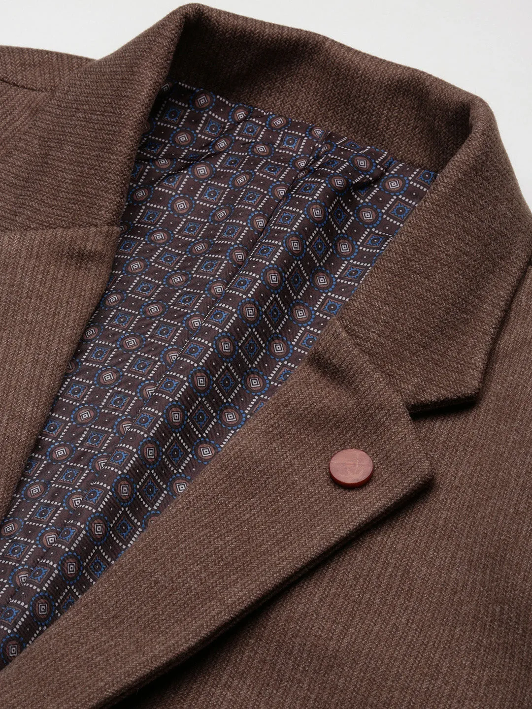 Men Brown Solid Notched Lapel Single Breasted Blazer