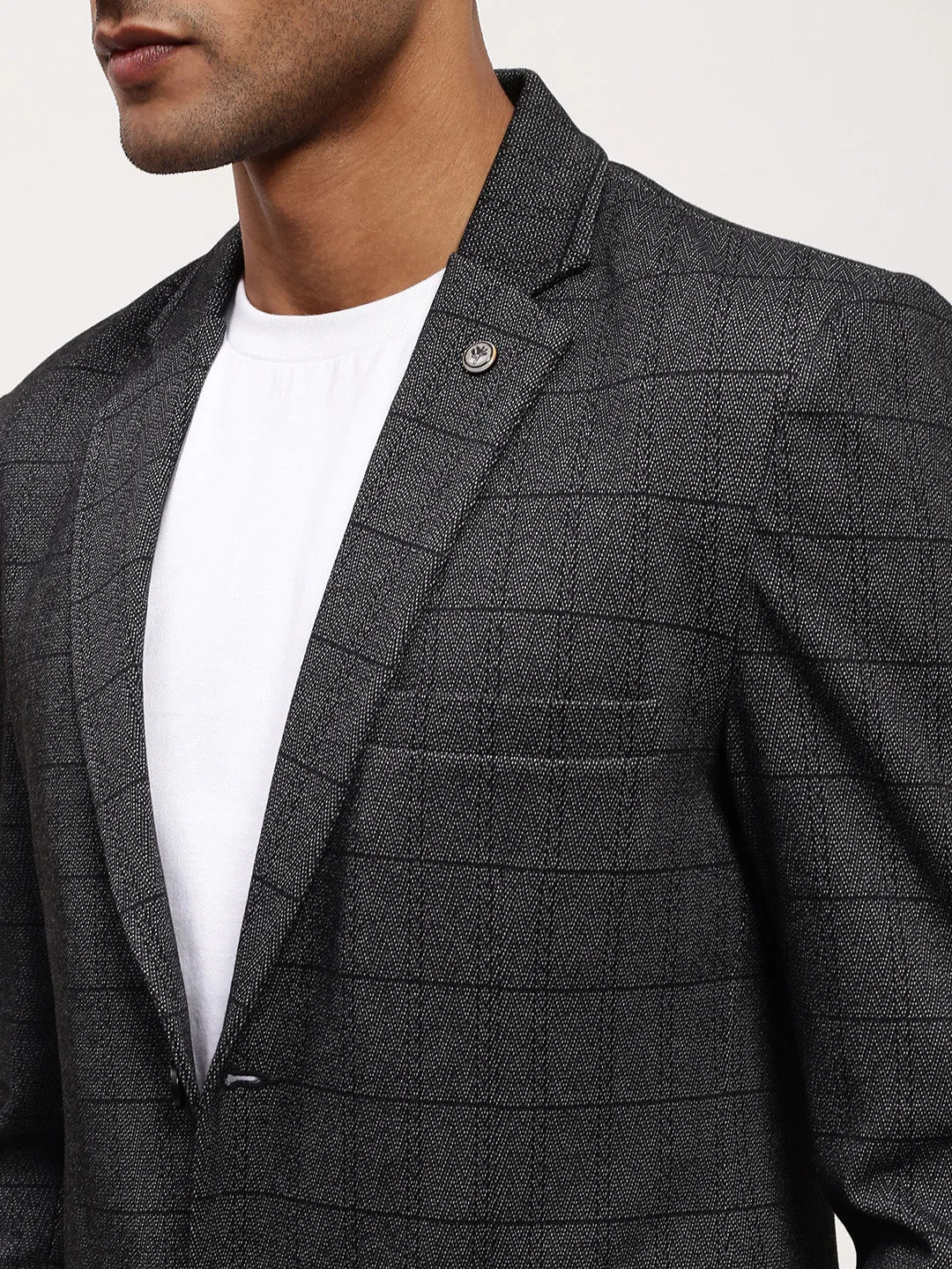Men Grey Checked Slim-Fit Notched Lapel Single Breasted Blazer