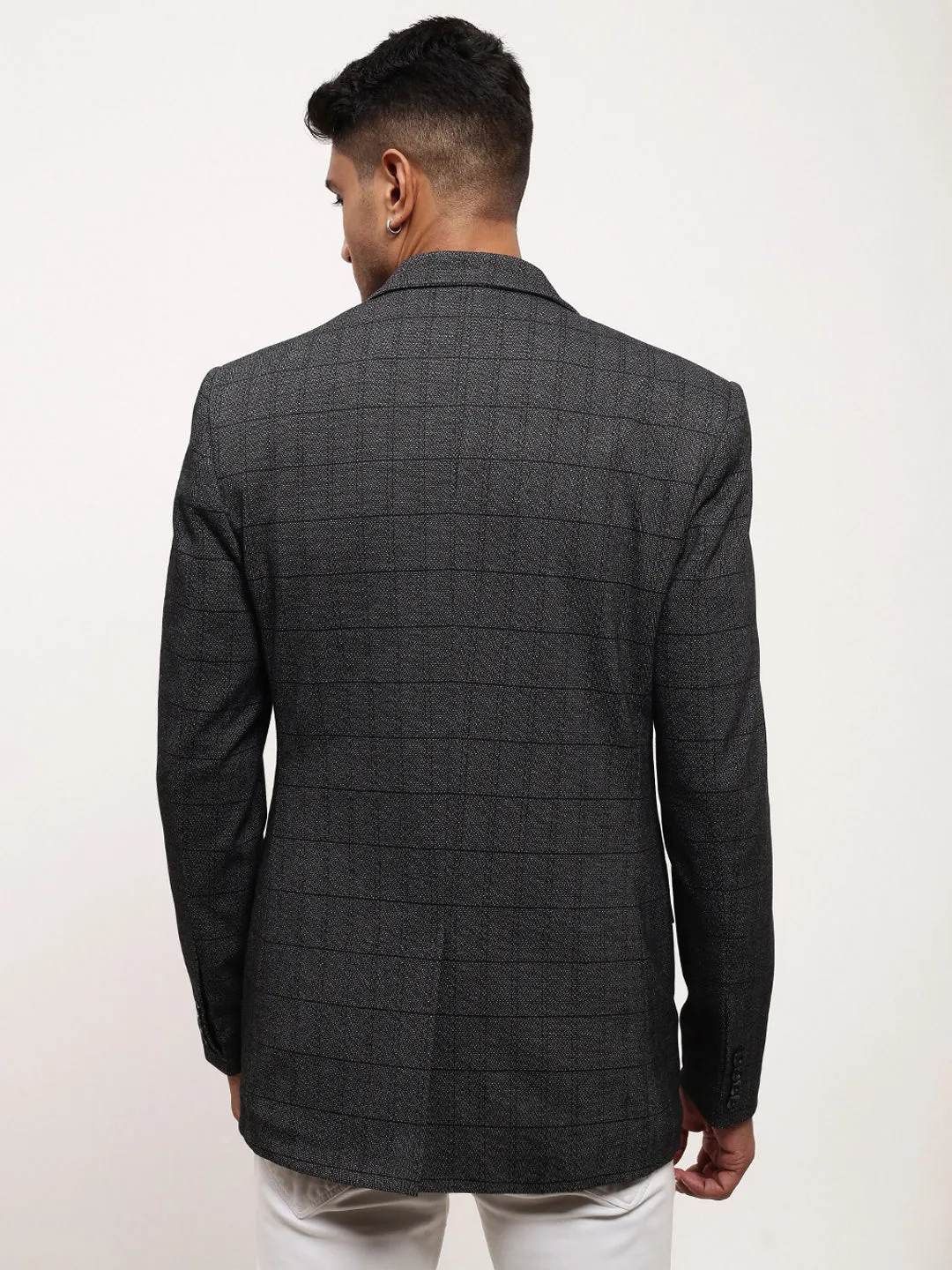 Men Grey Checked Slim-Fit Notched Lapel Single Breasted Blazer