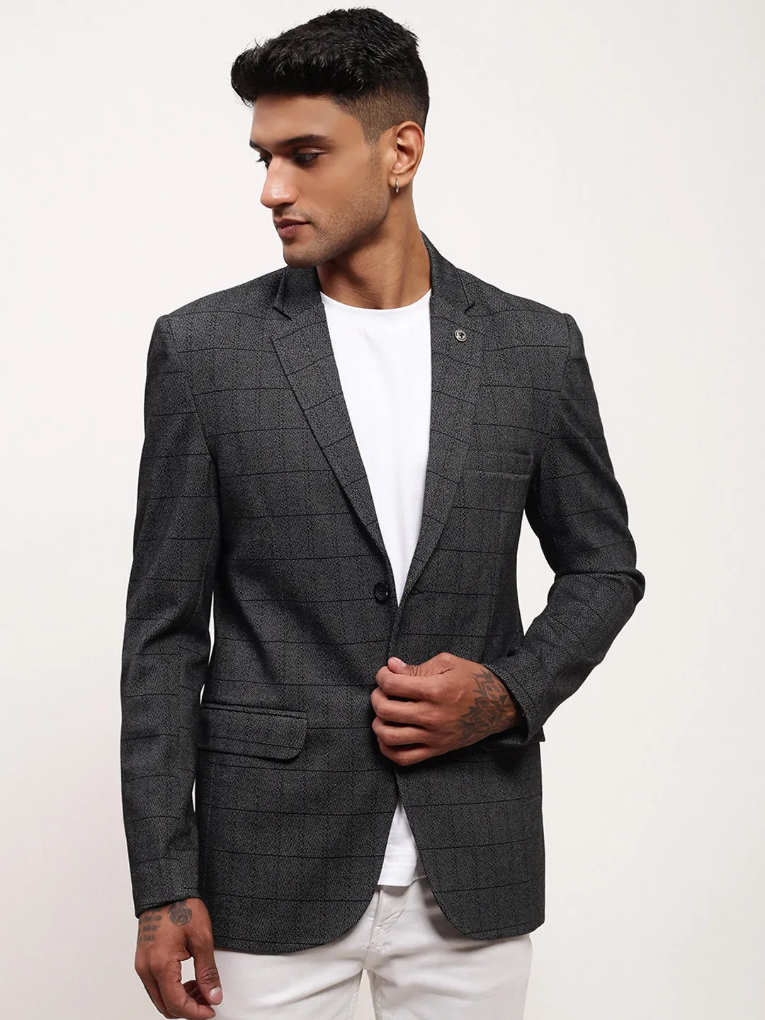 Men Grey Checked Slim-Fit Notched Lapel Single Breasted Blazer
