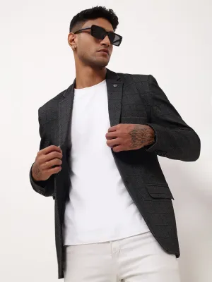 Men Grey Checked Slim-Fit Notched Lapel Single Breasted Blazer