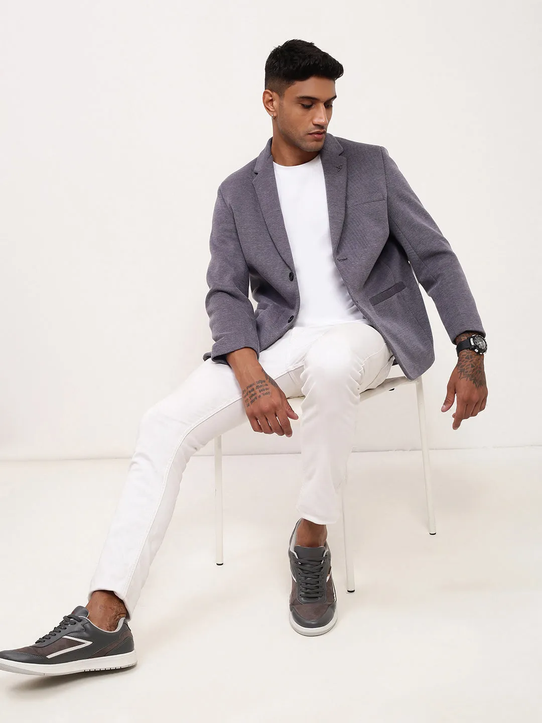 Men Grey Notched Lapel Single-Breasted Cotton Slim-Fit Blazer