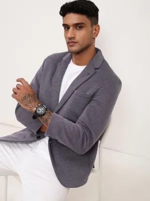Men Grey Notched Lapel Single-Breasted Cotton Slim-Fit Blazer