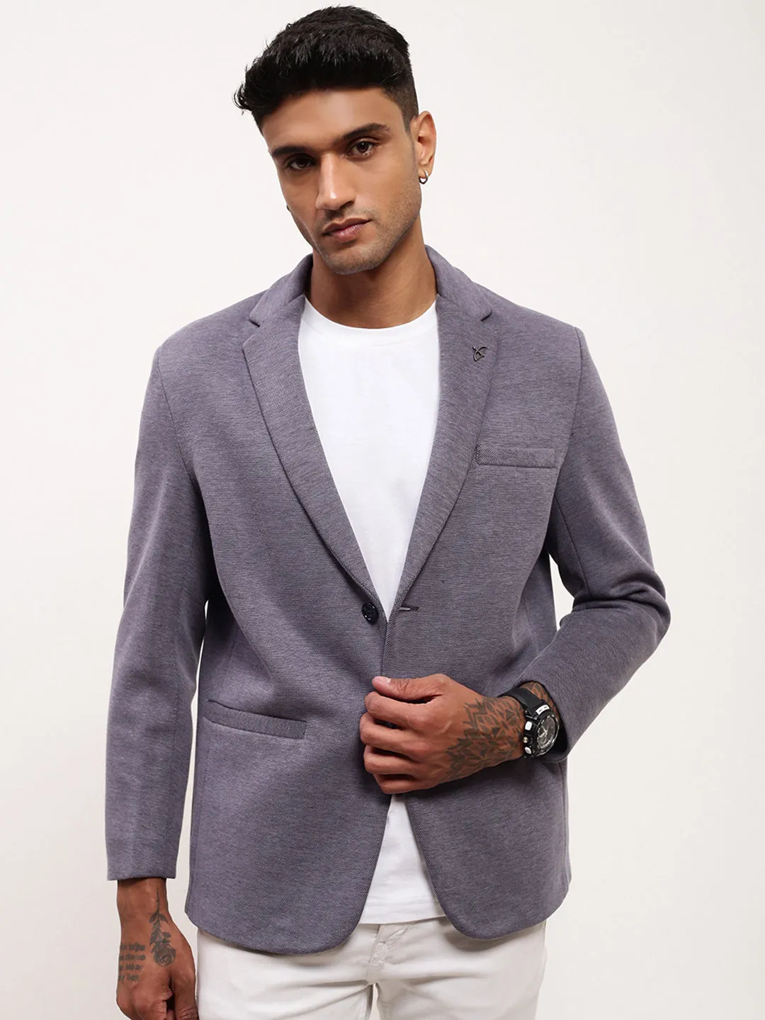Men Grey Notched Lapel Single-Breasted Cotton Slim-Fit Blazer