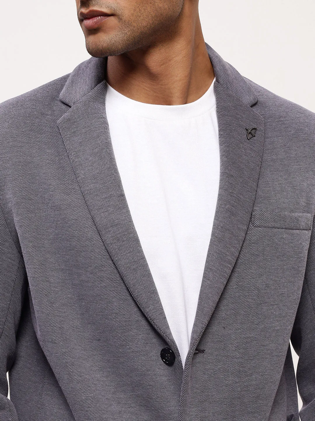 Men Grey Notched Lapel Single-Breasted Cotton Slim-Fit Blazer