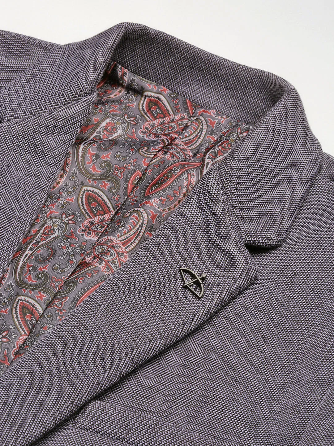Men Grey Notched Lapel Single-Breasted Cotton Slim-Fit Blazer