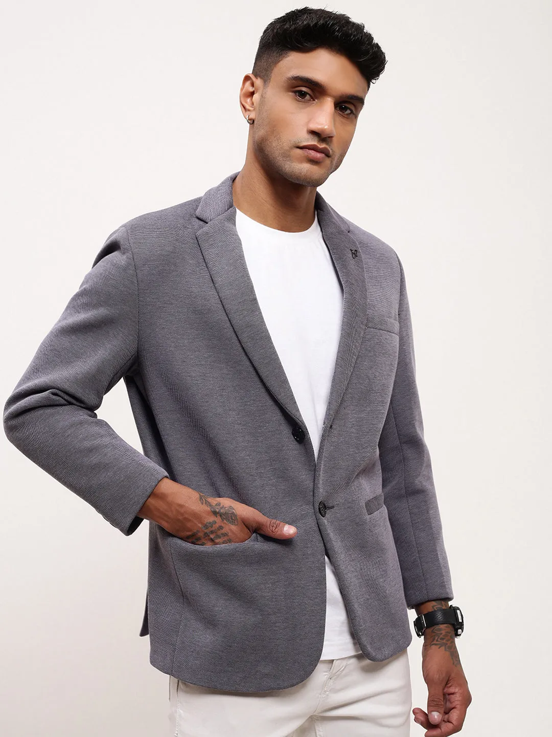 Men Grey Notched Lapel Single-Breasted Cotton Slim-Fit Blazer