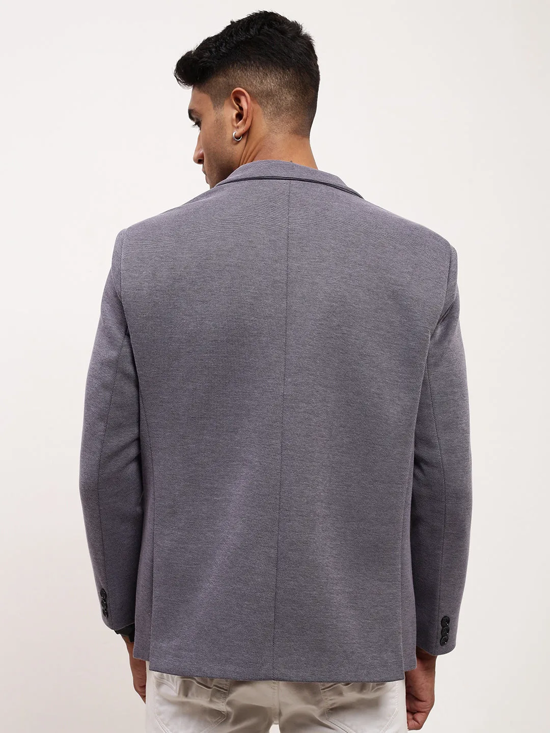 Men Grey Notched Lapel Single-Breasted Cotton Slim-Fit Blazer