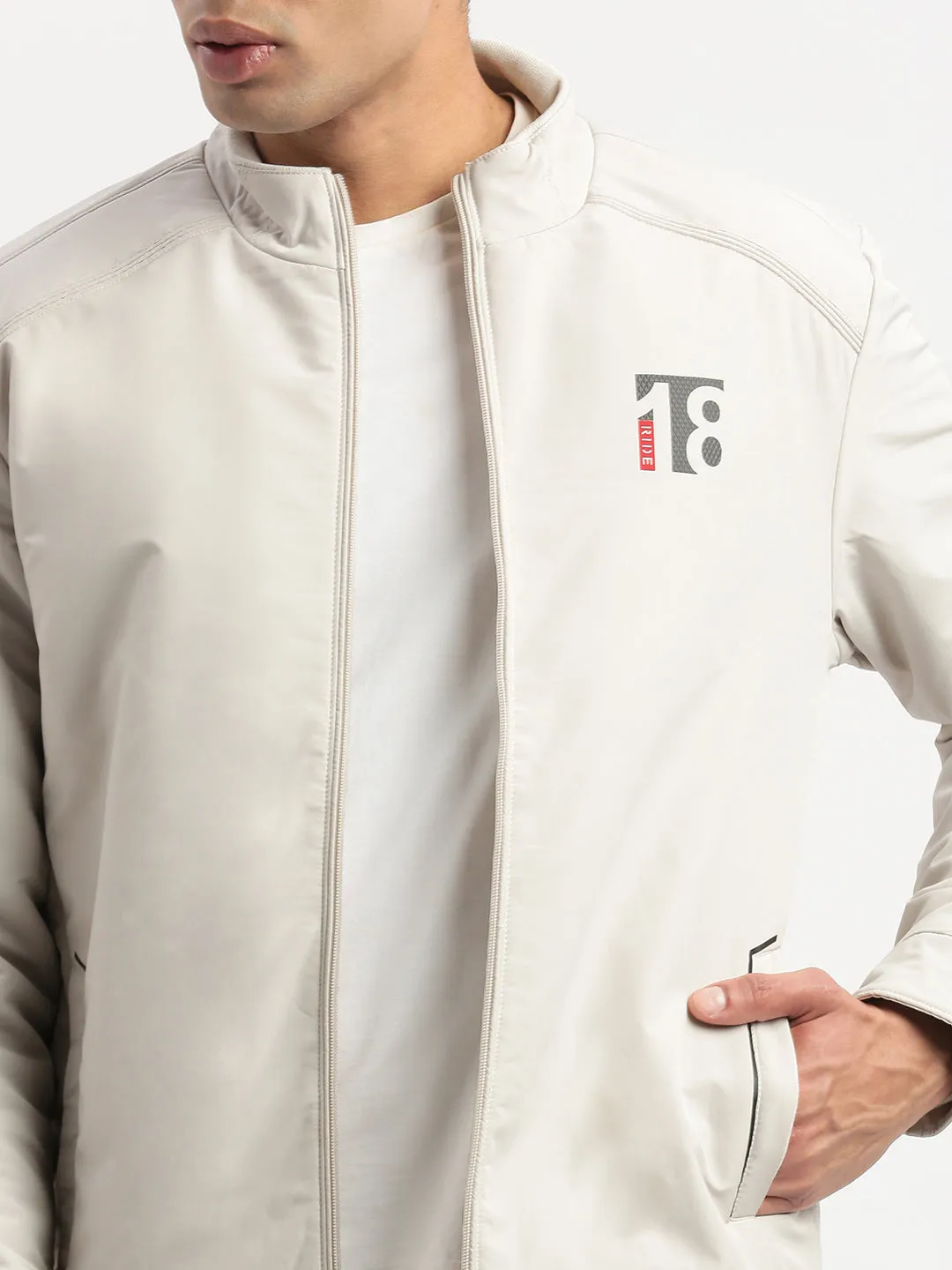 Men Mock Collar Cream Solid Bomber Jacket