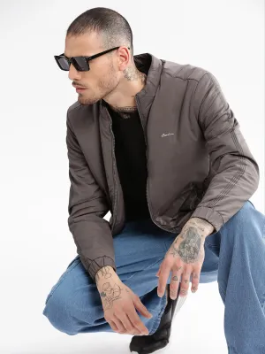 Men Mock Collar Grey Solid Casual Bomber Jacket