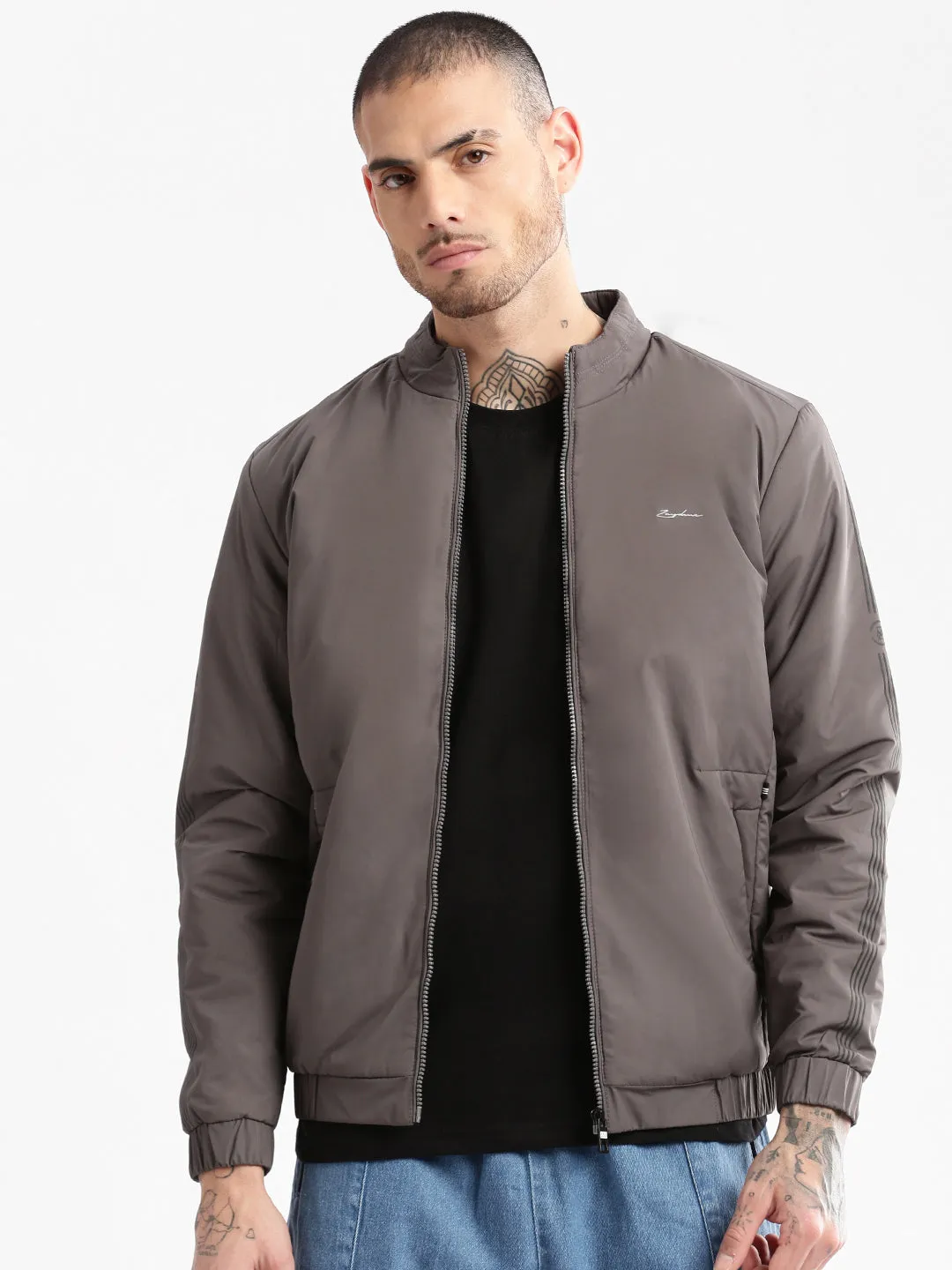 Men Mock Collar Grey Solid Casual Bomber Jacket