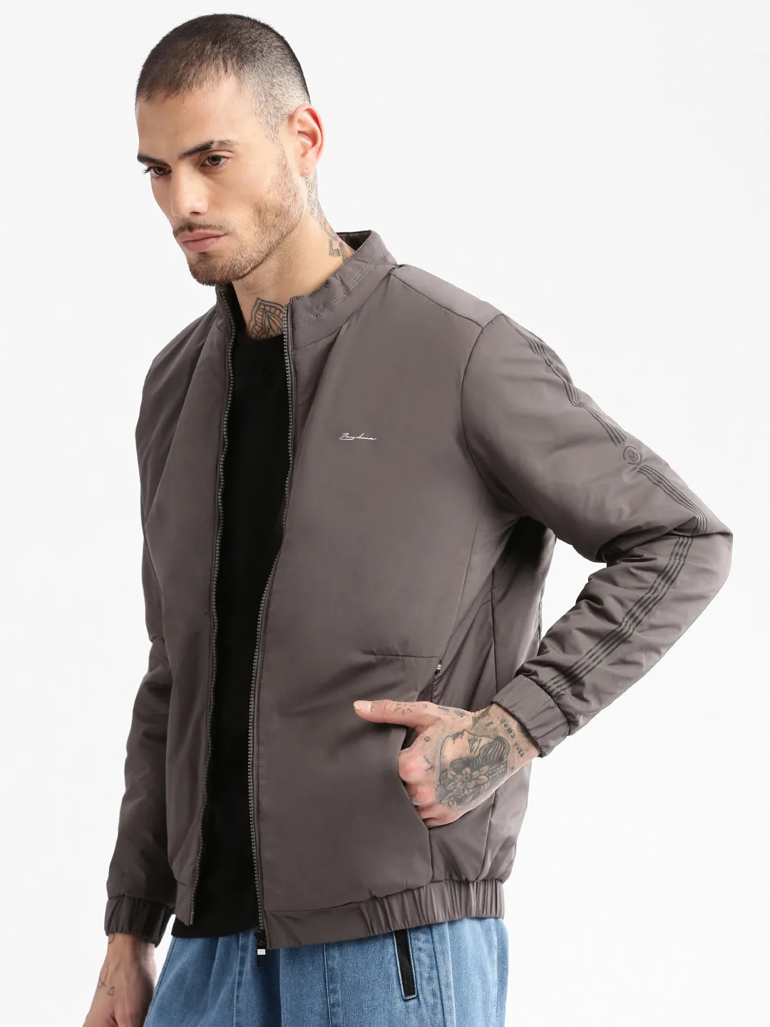 Men Mock Collar Grey Solid Casual Bomber Jacket
