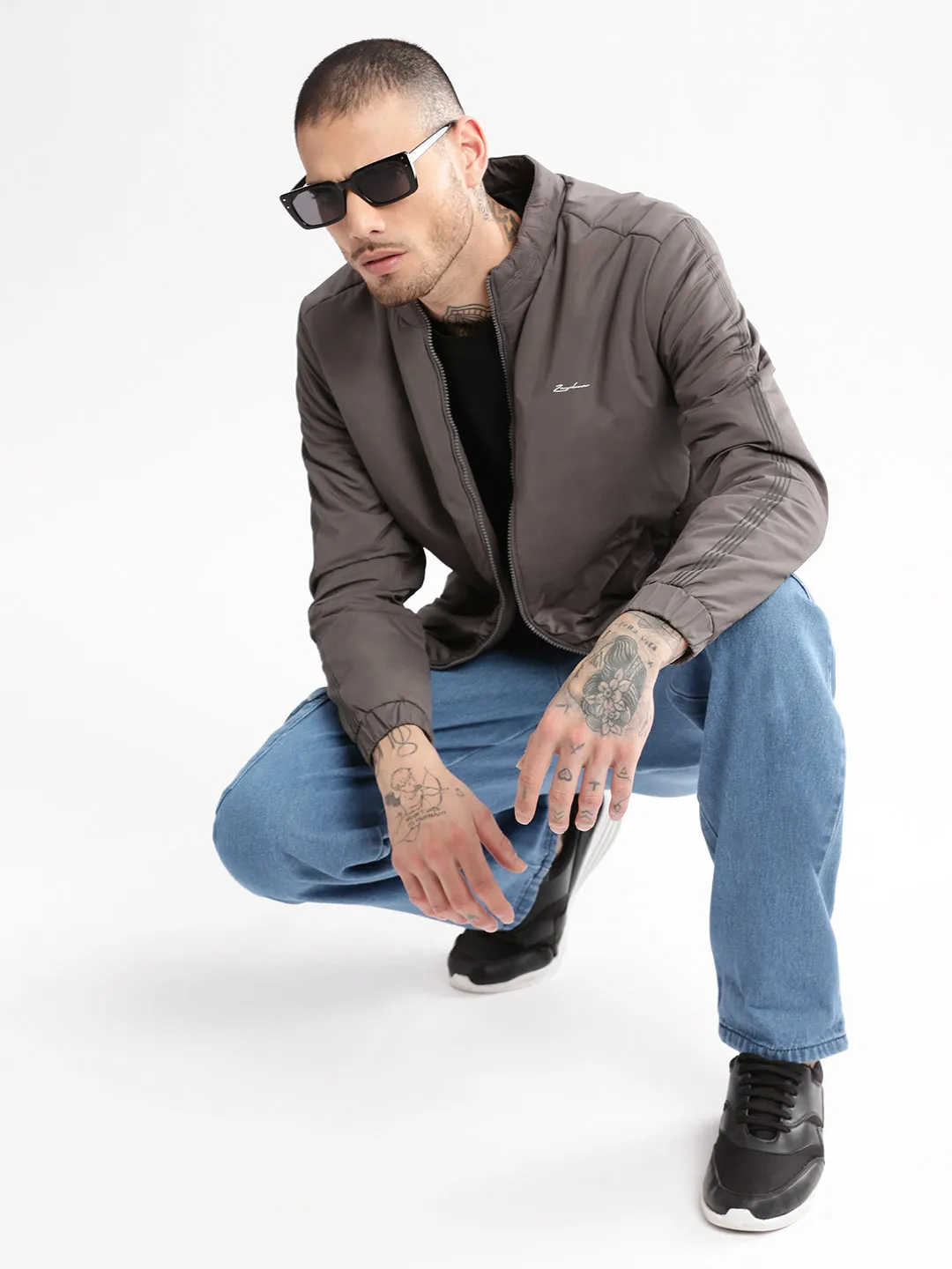 Men Mock Collar Grey Solid Casual Bomber Jacket