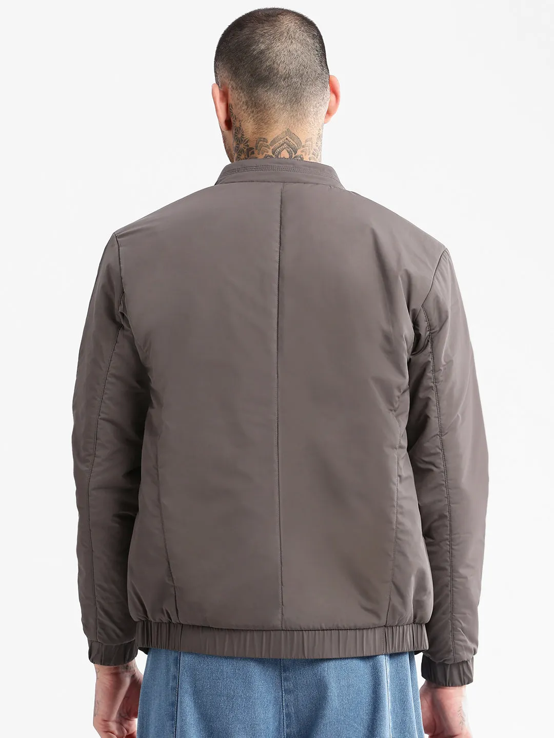 Men Mock Collar Grey Solid Casual Bomber Jacket