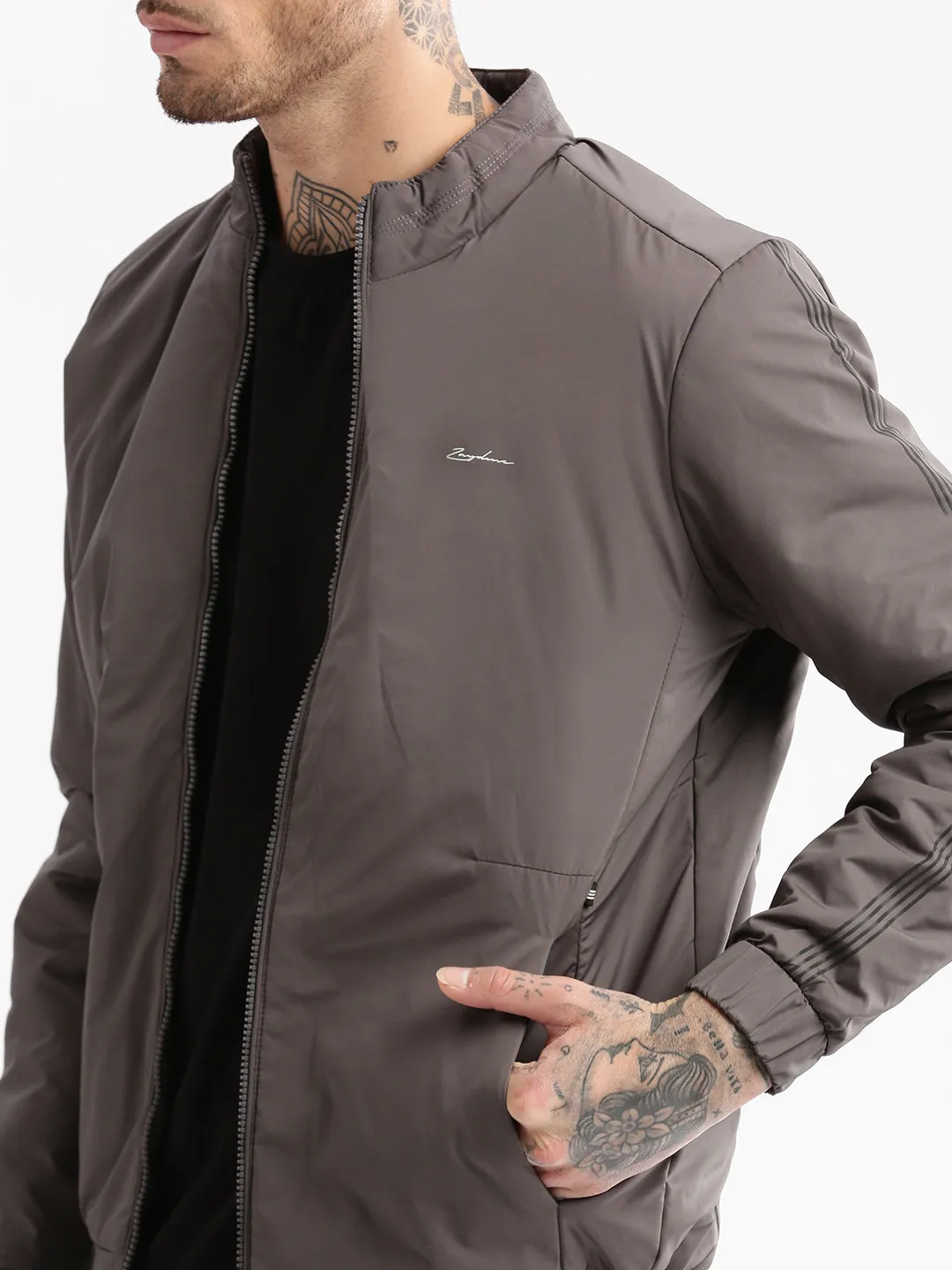 Men Mock Collar Grey Solid Casual Bomber Jacket