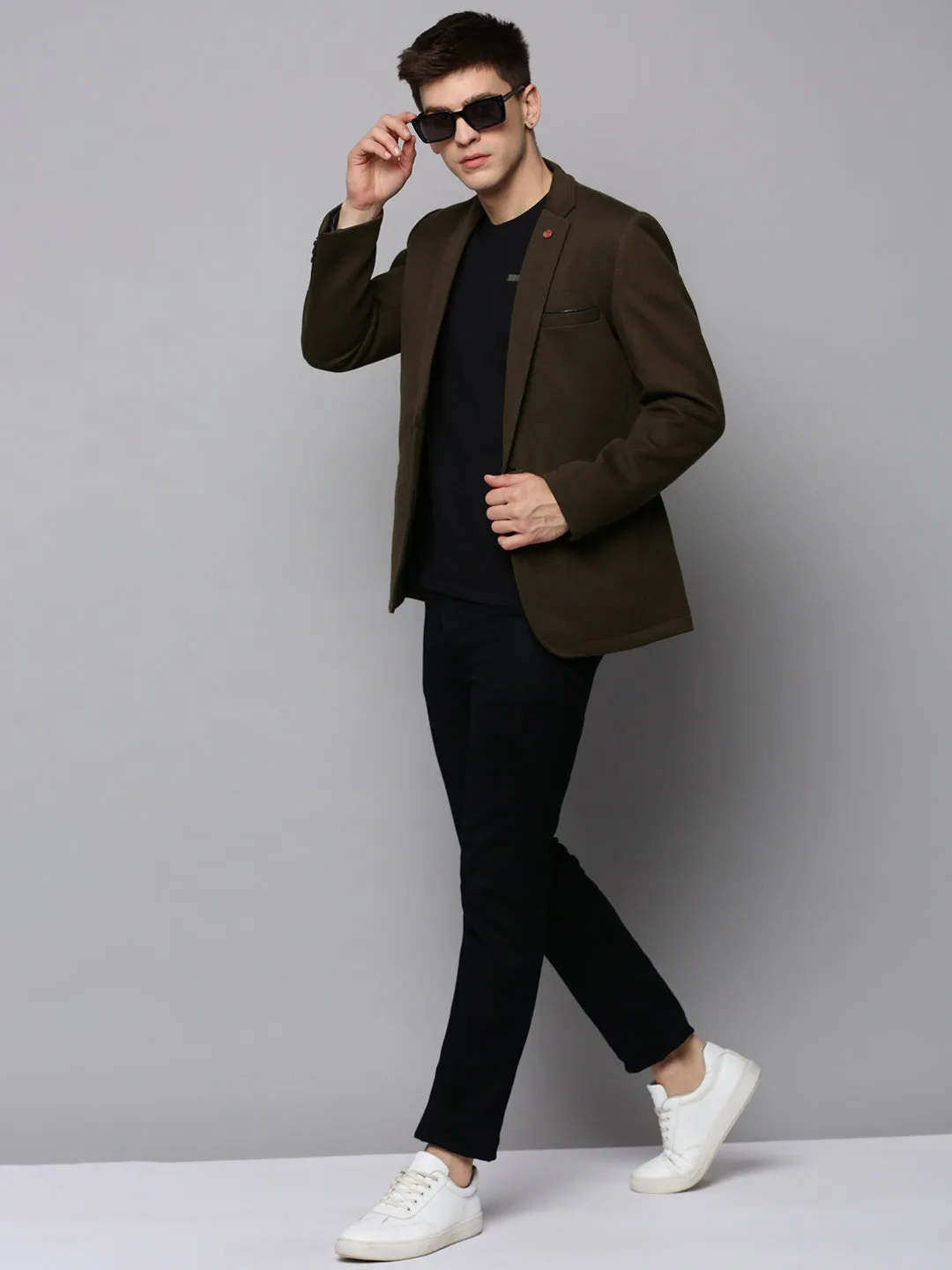 Men Olive Single-Breasted Casual Blazer