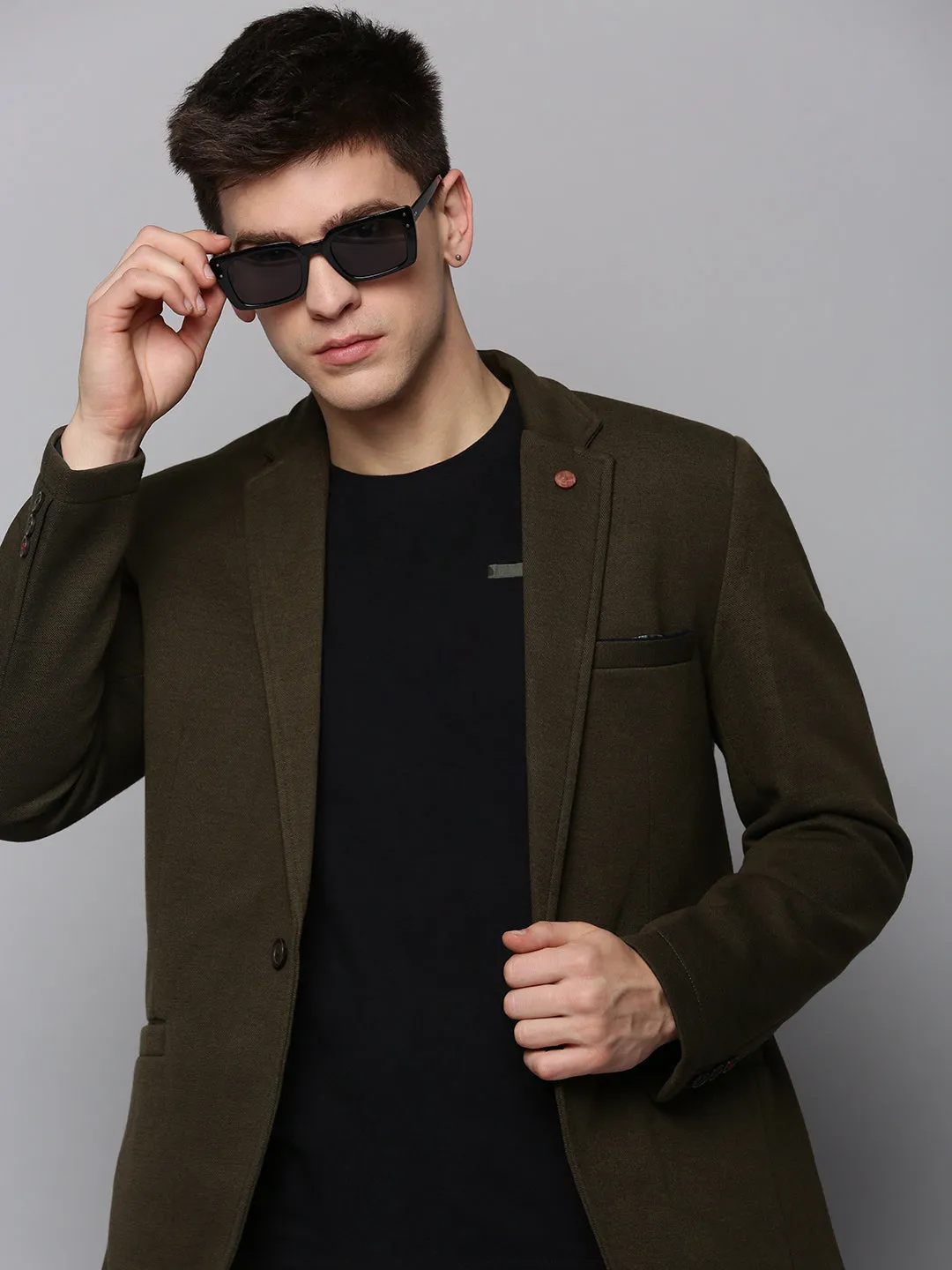 Men Olive Single-Breasted Casual Blazer