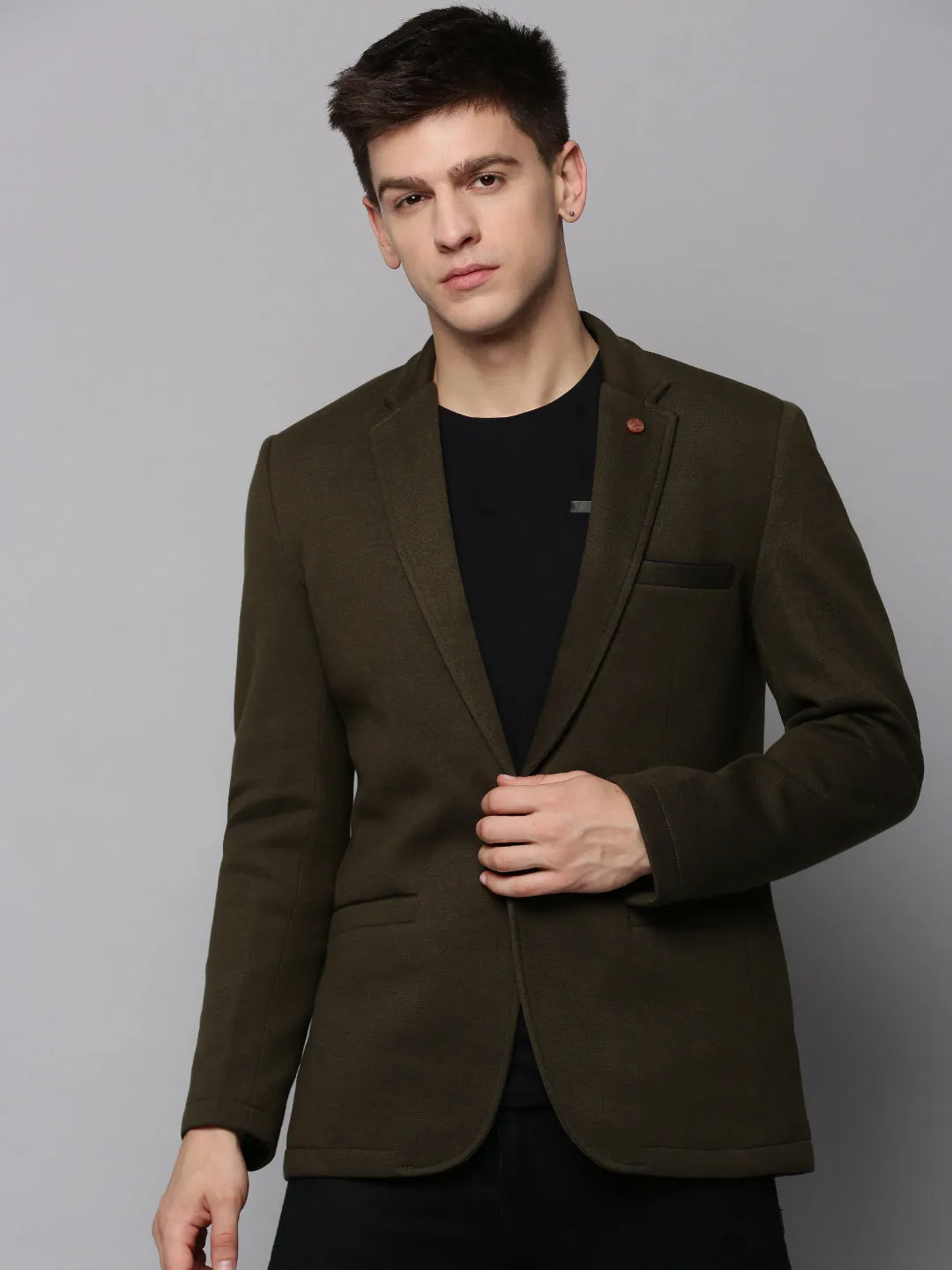 Men Olive Single-Breasted Casual Blazer